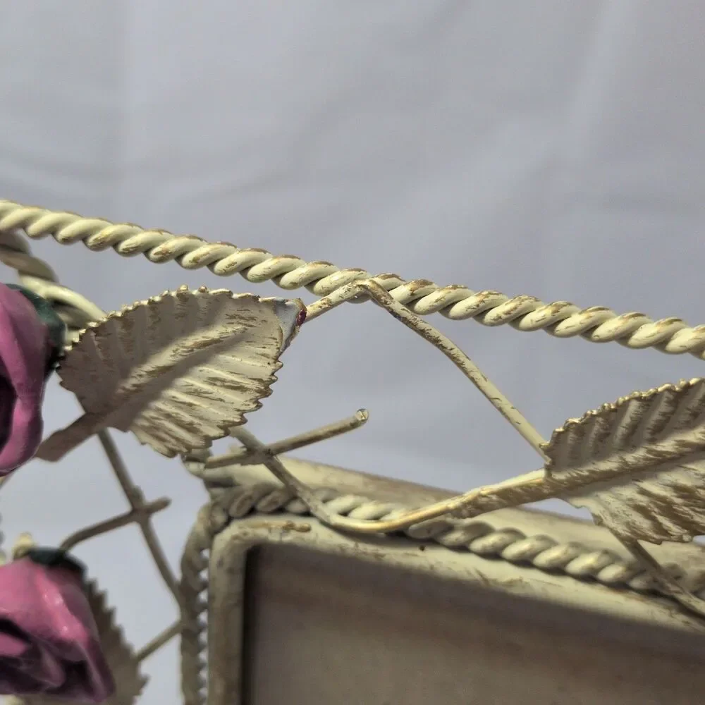 Vintage Shabby Chic Cream Metal Wire Picture Frame Pink Roses Leaf Lattice 5x7